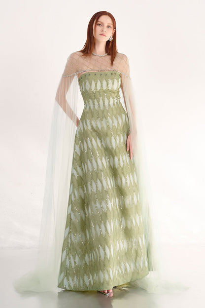 Monica A-line Cape Shoulder Mesh Maxi Set