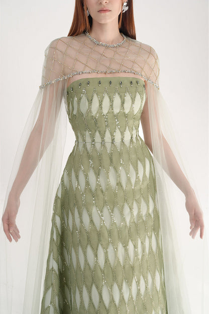 Monica A-line Cape Shoulder Mesh Maxi Set