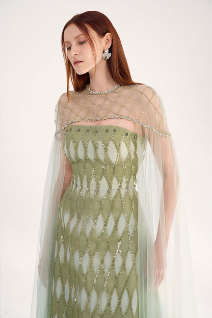 Monica A-line Cape Shoulder Mesh Maxi Set