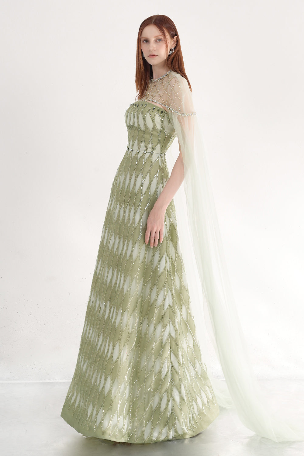 Monica A-line Cape Shoulder Mesh Maxi Set