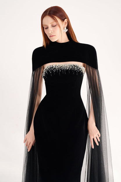 Paisleigh Sheath Cape Shoulder Velvet Maxi Set