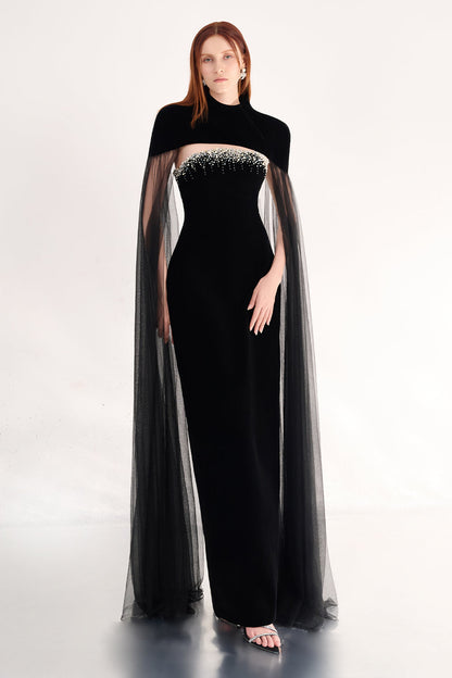 Paisleigh Sheath Cape Shoulder Velvet Maxi Set