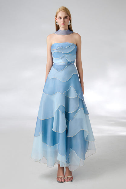 Leonard Layered Straight Across Neck Organza Ankle Length Dress
