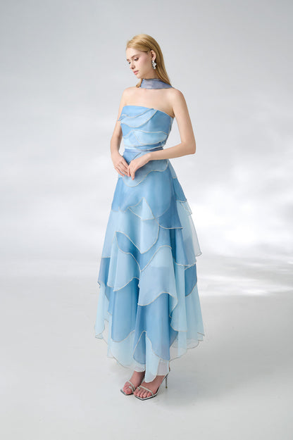 Leonard Layered Straight Across Neck Organza Ankle Length Dress