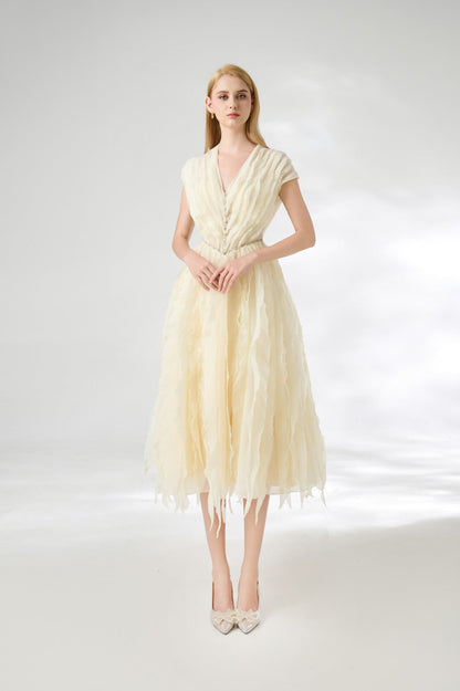 Calhoun Fit and Flare V-Neck Organza Midi Dress