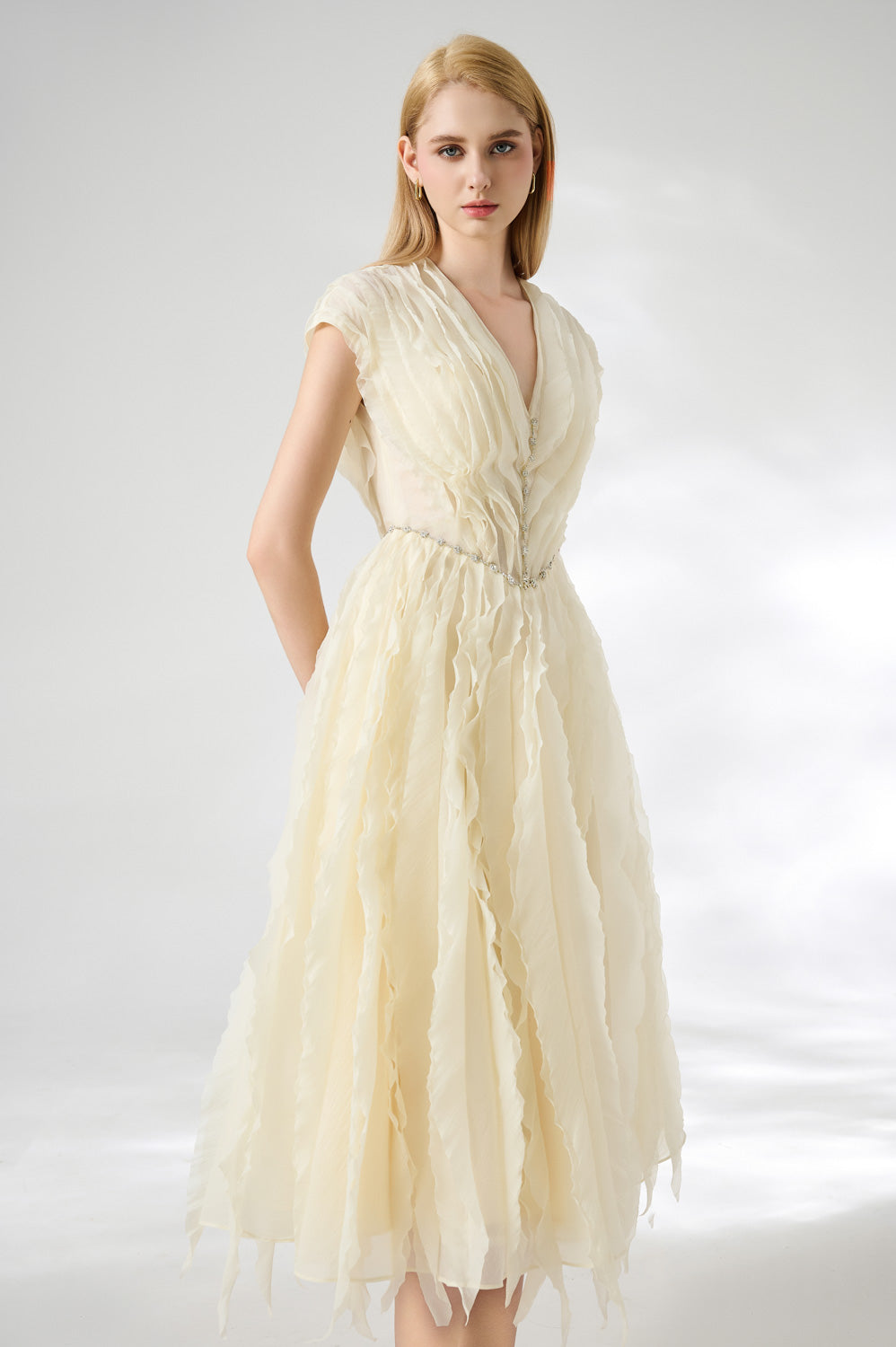 Calhoun Fit and Flare V-Neck Organza Midi Dress