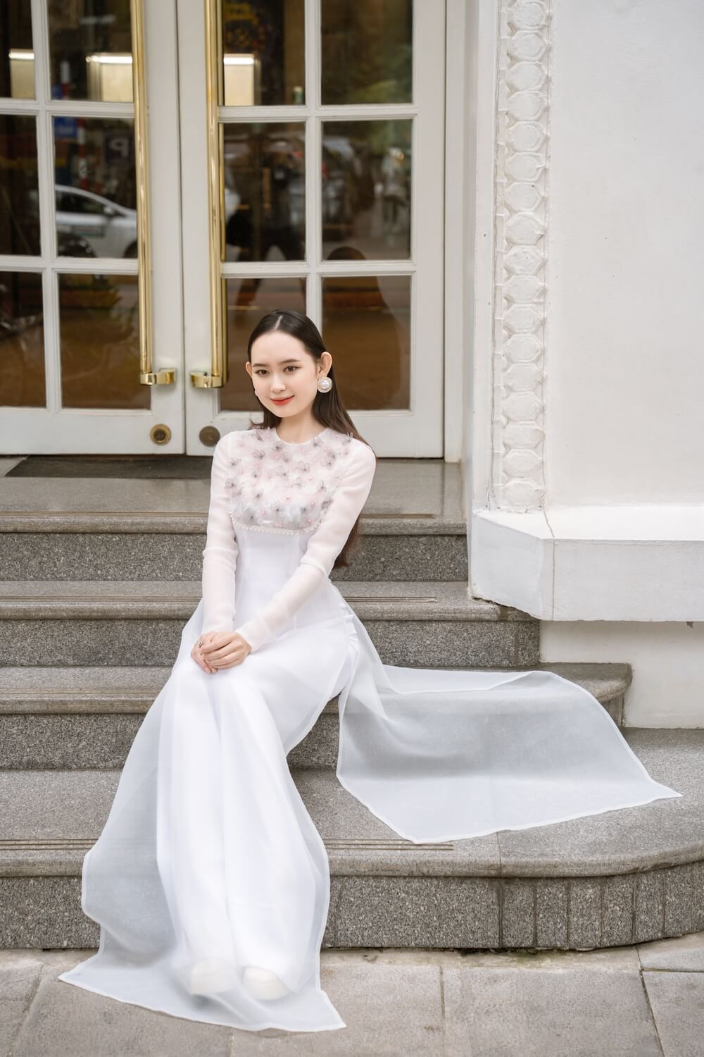 Isabelle Fitted Flower Applique Organza Long Length Ao Dai 
