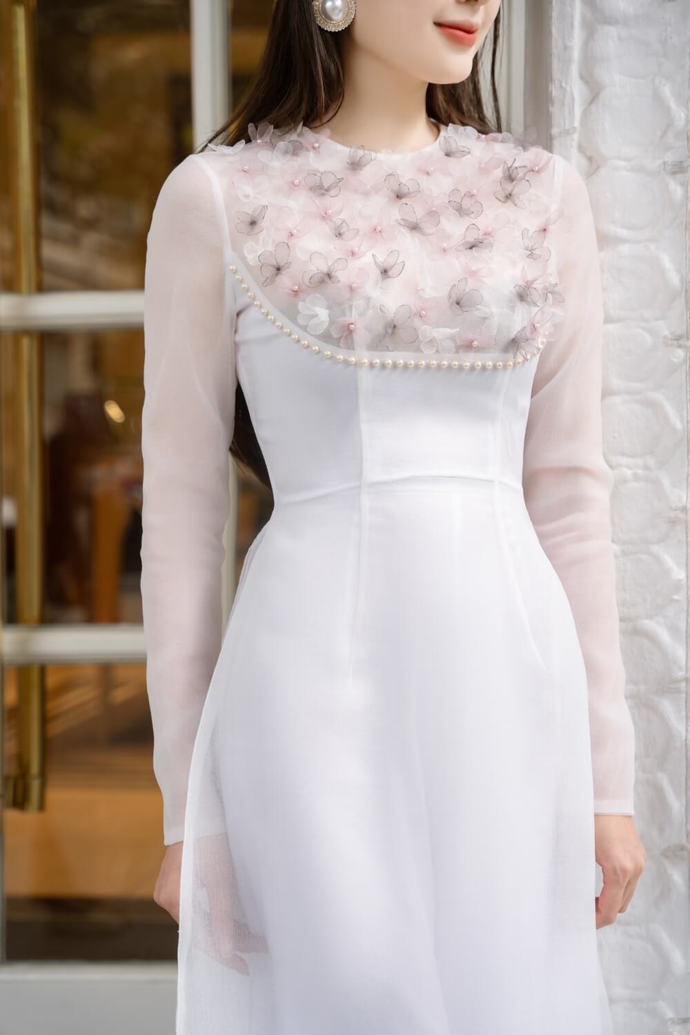 Isabelle Fitted Flower Applique Organza Long Length Ao Dai 