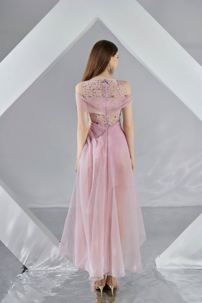 Zariyah Slit Open Shoulder Organza Midi Dress