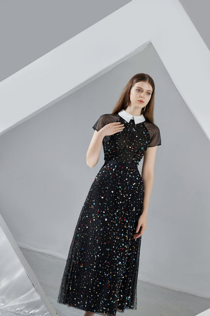 Christina A-line Short Sleeved Mesh Sheer Midi Dress