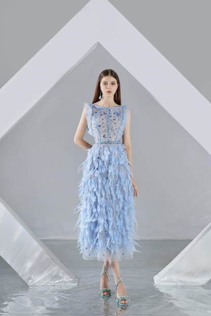 Laurel Straight Boat Neck Organza Midi Dress