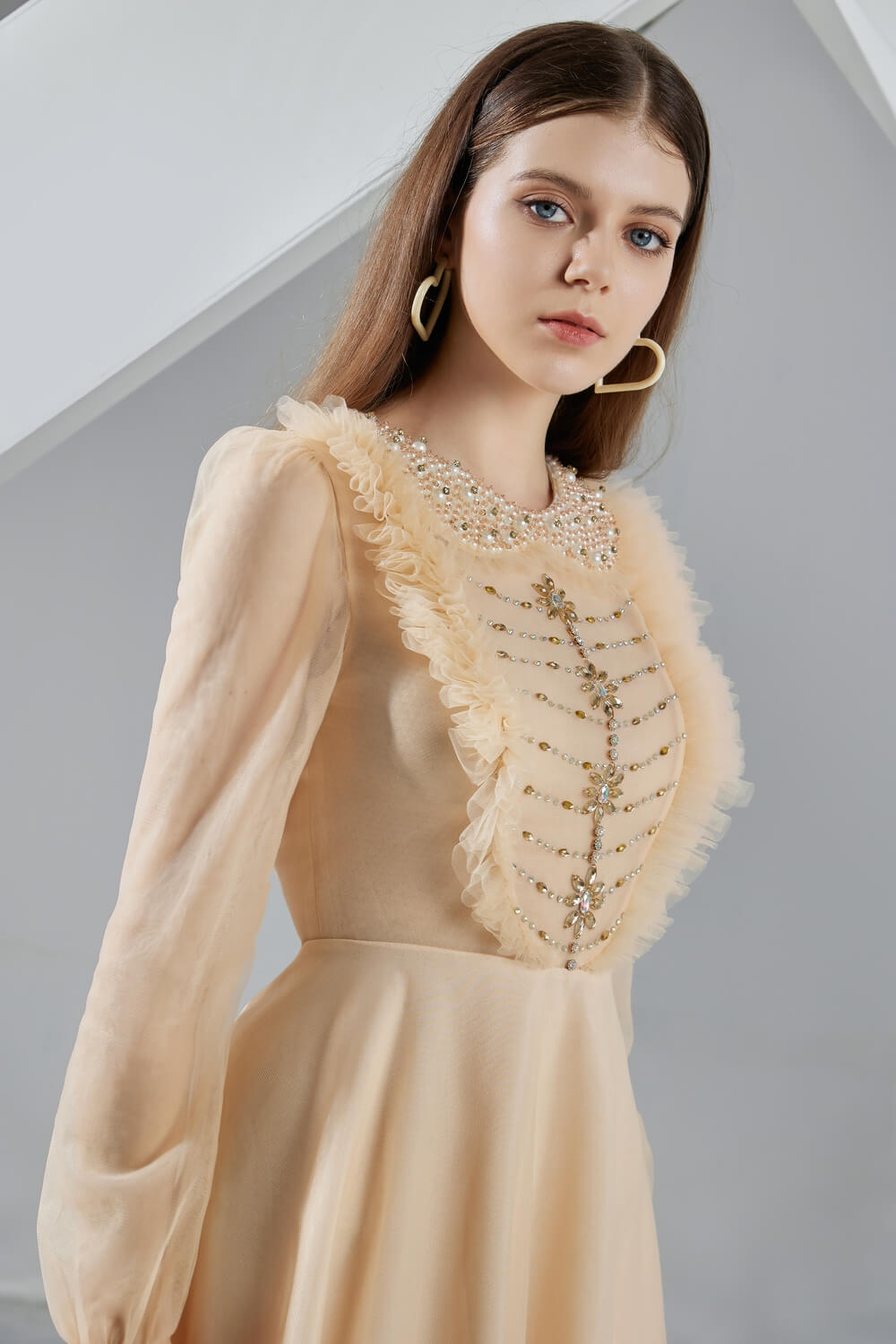 Della Pleated Long Sleeved Organza Midi Dress