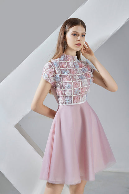 Macy A-line Short Sleeved Organza Mini Dress