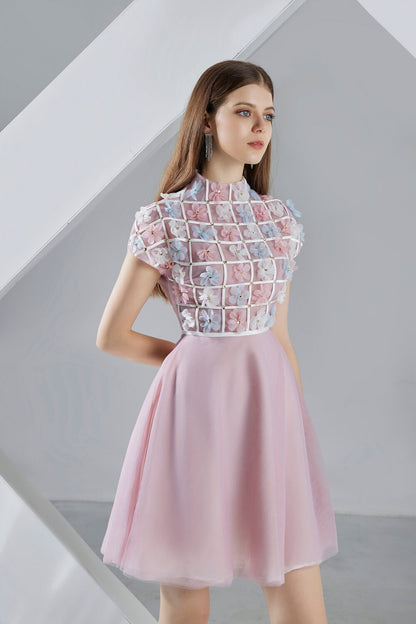 Macy A-line Short Sleeved Organza Mini Dress