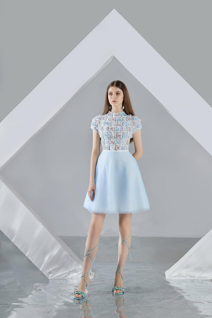 Macy A-line Short Sleeved Organza Mini Dress