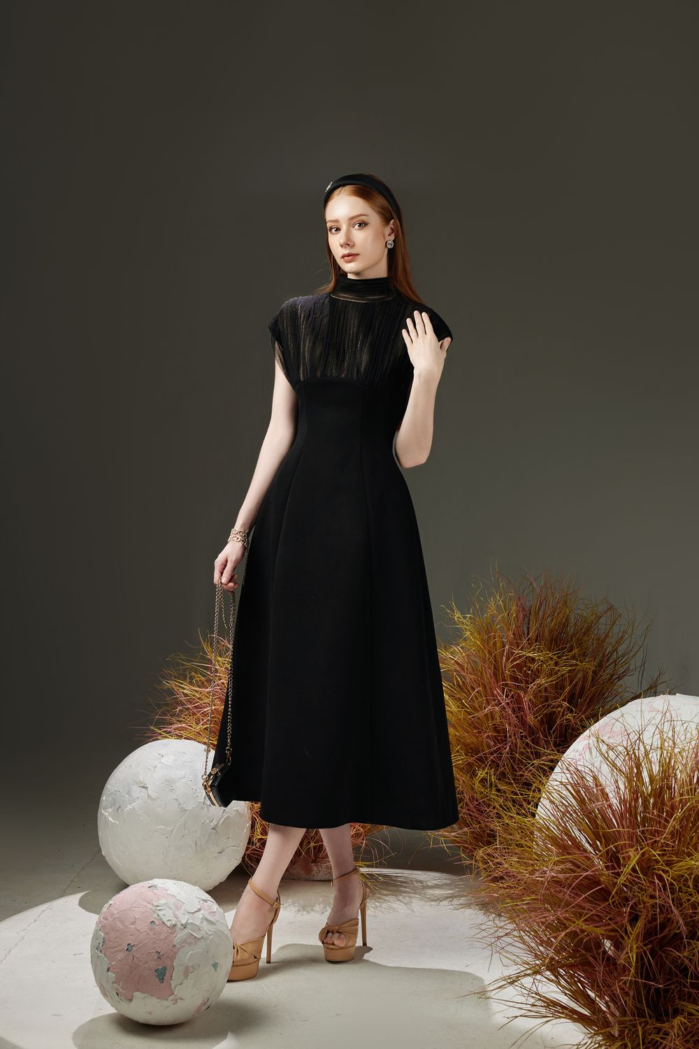 Butler A-line Pleated Chest Taffeta Silk Midi Dress