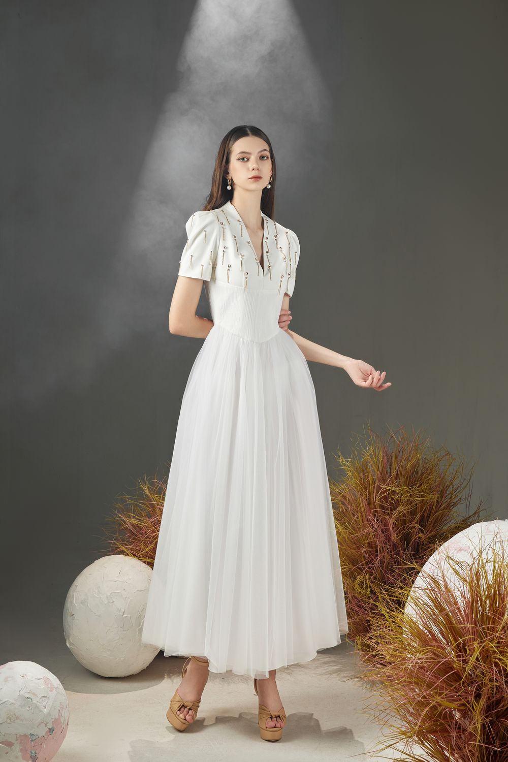 Cosmo Gathered V-Neck Mesh Taffeta Ankle Length Dress
