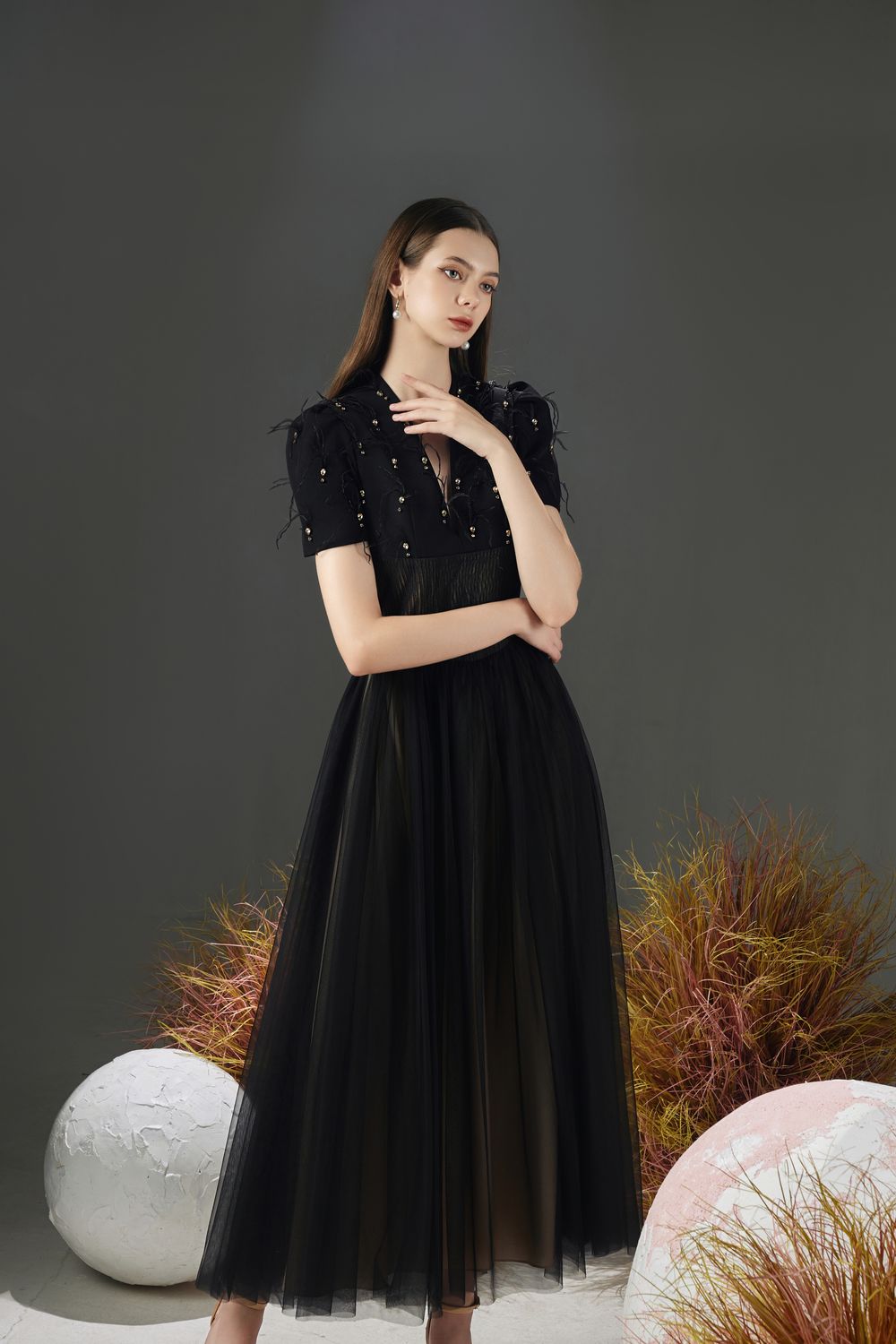 Cosmo Gathered V-Neck Mesh Taffeta Ankle Length Dress