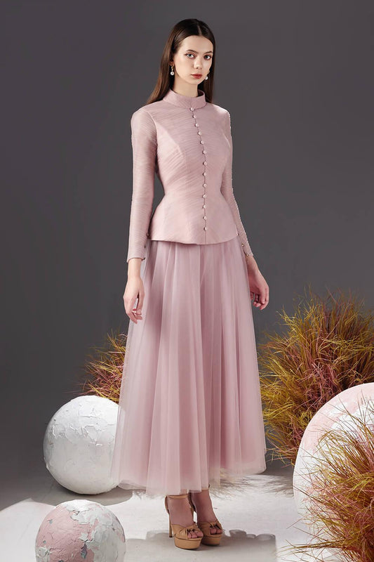 Dermot Peplum Pleated Mesh Sheer Ankle Length Set - 