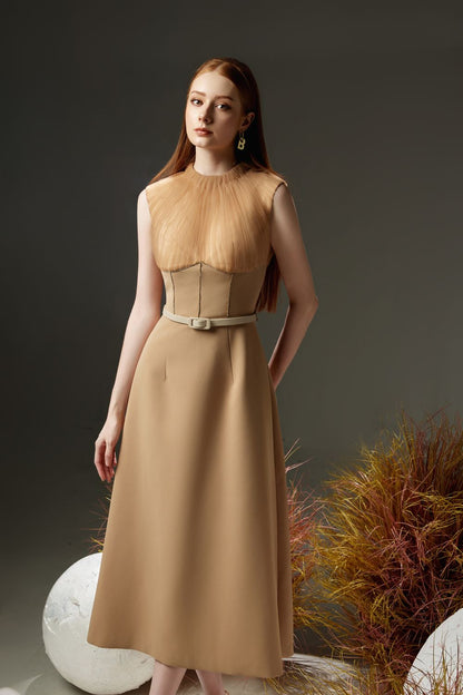 Dudley A-line Pleated Neck Organza Midi Dress