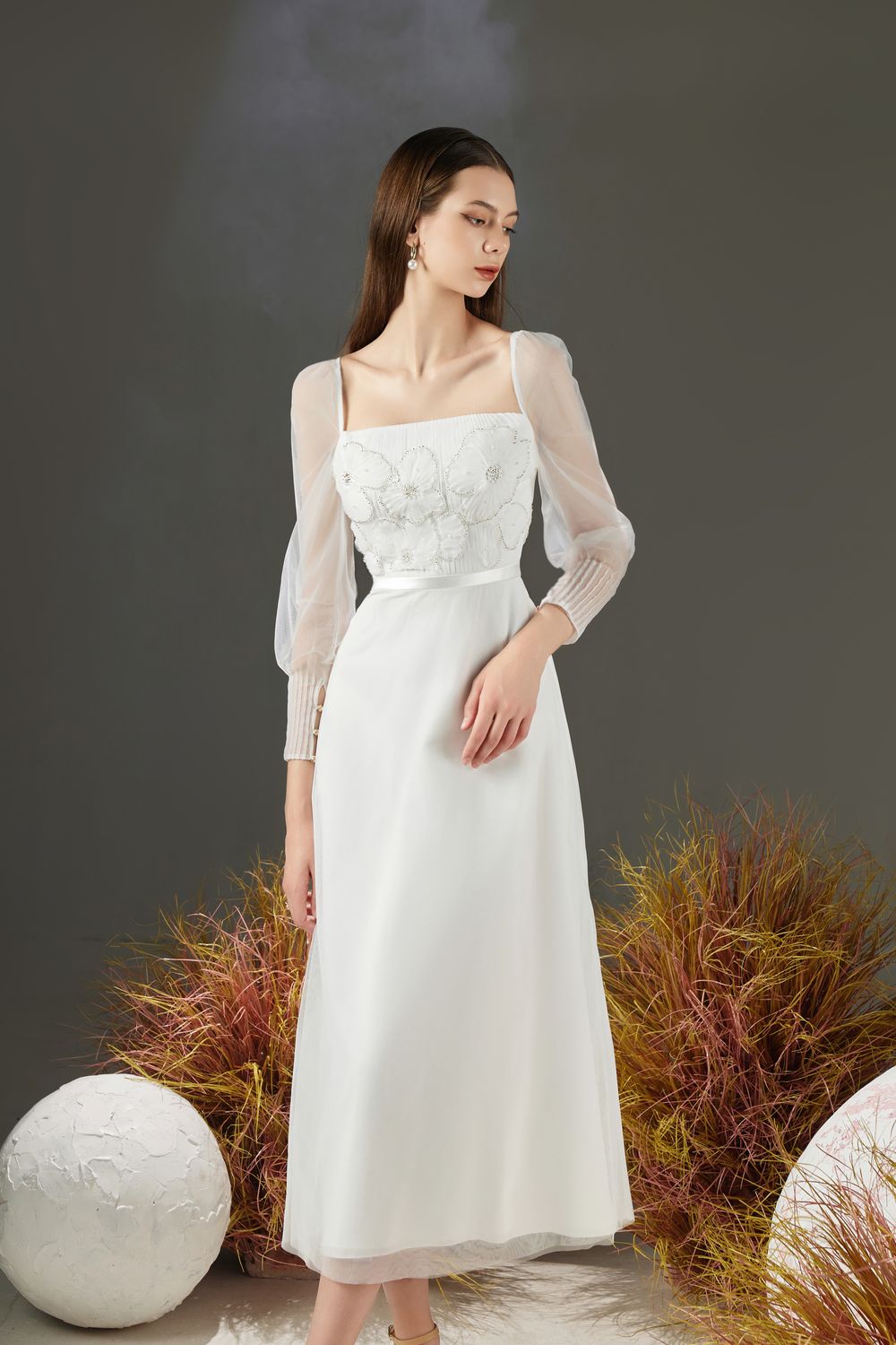 Natalie A-line Square Neck Organza Midi Dress