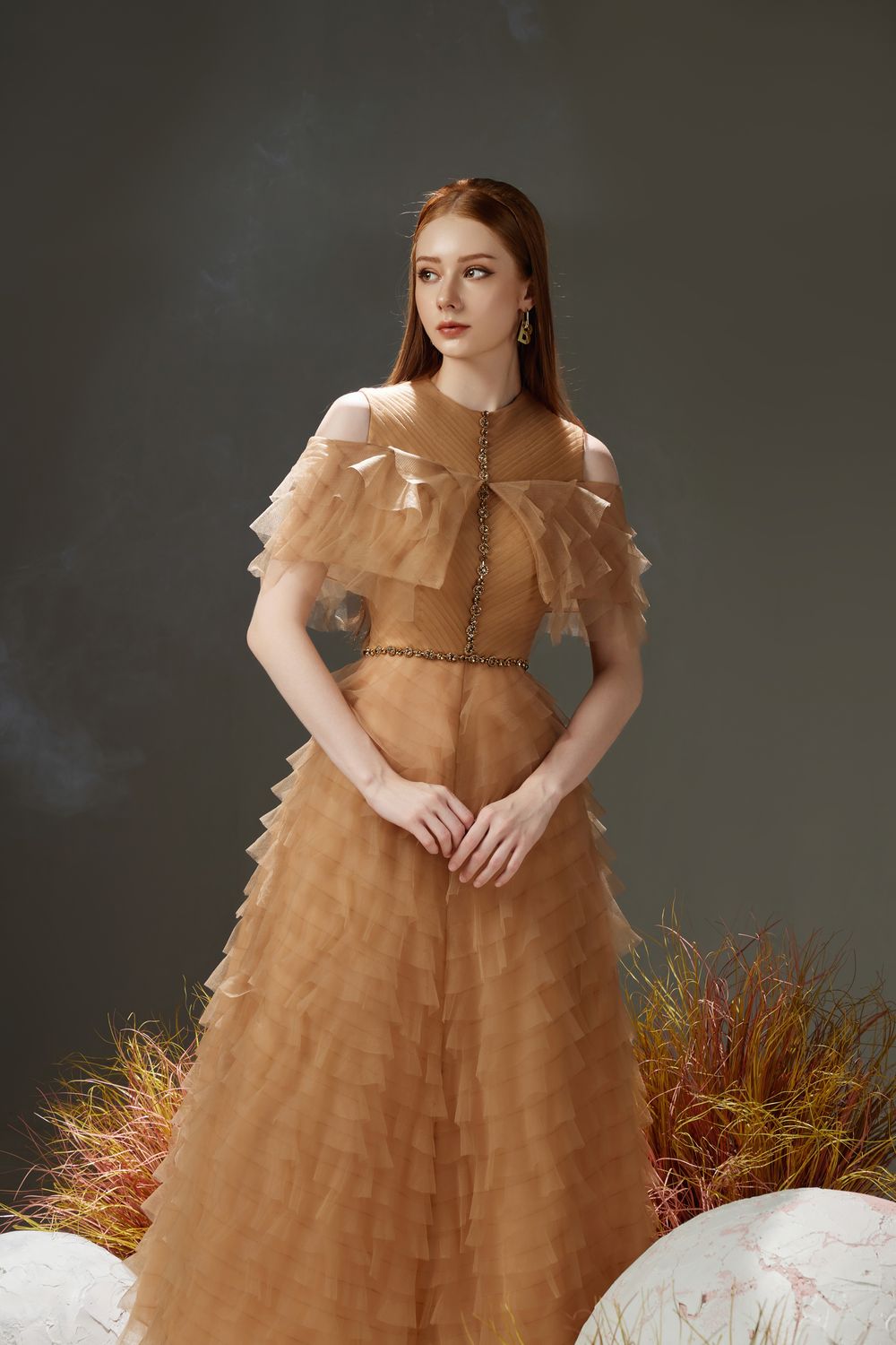 Reynolds Layered Cold Shoulder Sleeved Organza Midi Dress